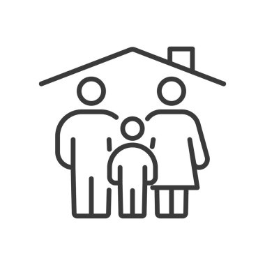 Bir aile için konut, tasarım ikonu. Aile, ev, ev, yaşam, ebeveynler, çocuklar, beyaz arka plan vektörüne sığınma. Düzenlenebilir vuruş simgesi için konut