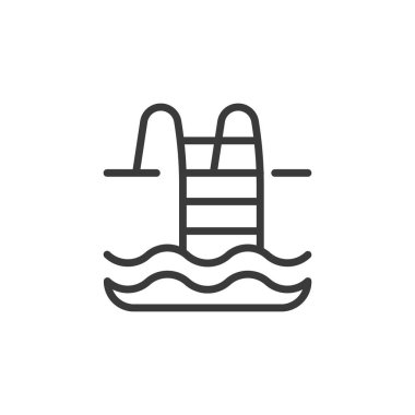 Bilardo merdiveni, çizgi tasarımı ikonu. Havuz, merdiven, yüzme, adımlar, erişim, su, tasarım beyaz arka plan vektörü. Havuz merdiveni değiştirilebilir vuruş simgesi