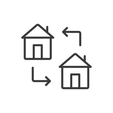 Ev değişimi, çizgi tasarımı ikonu. Ev, takas, takas, ev, ticaret, mülk, beyaz arka plan vektörü üzerinde gayrimenkul. Ev değiştirilebilir vuruş simgesi