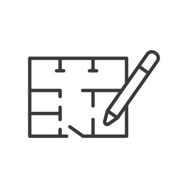 Bina planı, satır tasarımı simgesi. Bina, plan, plan, tasarım, yapı, inşaat, mimari beyaz arka plan vektörü. İnşa planı düzenlenebilir vuruş simgesi