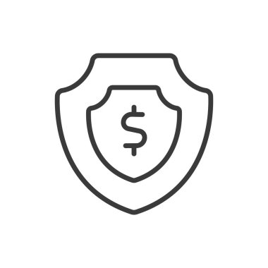 Para Kalkanı, tasarım ikonu. Para, kalkan, koruma, güvenlik, finans, tasarruf, sigorta beyaz arka plan vektörü. Para Kalkanı düzenlenebilir vuruş simgesi