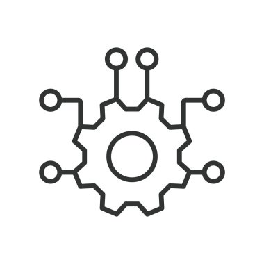 Mühendislik ve devre kartı, çizgi tasarımı ikonu. Mühendislik, devre, tahta, teknoloji, sistem, tasarım, beyaz arka plan vektöründeki makine. Mühendislik ve devre kartı, düzenlenebilir vuruş simgesi