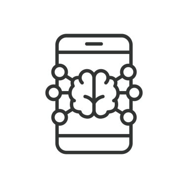 Telefona bağlı beyin, çizgi tasarımı ikonu. Beyin, telefon, bağlantı, sinir, iletişim, zeka, cep telefonu, beyaz arka plan vektörü. Telefona bağlı beyin, düzenlenebilir vuruş simgesi