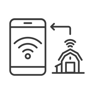 Akıllı çiftçilik ikonu çizgi tasarımında. Akıllı, çiftçilik, IoT, teknoloji, tarım, veri, beyaz arka plan vektöründe bağlantı. Akıllı çiftçilik IoT düzenlenebilir vuruş simgesi