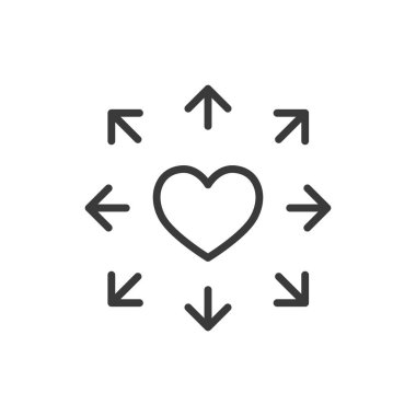 Kalp zekası, çizgi dizaynında ikon etrafında ok oluşturur. Kalp, ok, aşk, romantizm, tutku, sembol, hedef beyaz arka plan vektörü. Kalp zekası, okun yenilebilir vuruş simgesi etrafında toplanmasını sağlar