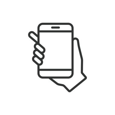 Bir elde telefon, dizayn edilmiş bir ikon. Telefon, el ele tutuşmak, cep telefonu, dokunmak, akıllı telefon, beyaz arka plan vektöründe hareket. Bir elle düzenlenebilir vuruş simgesi üzerinde telefon