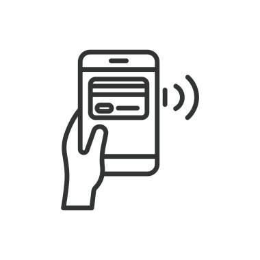 Kartı telefona bağla, satır tasarımı simgesi. Bağlantı, kart, telefon, NFC, ödeme, transfer, beyaz arka plan vektörü teknolojisi. Kartı telefon düzenlenebilir vuruş simgesine bağla