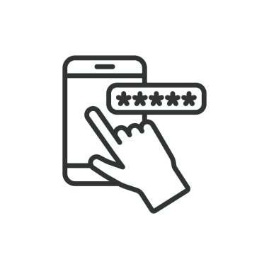 Telefon şifresi, satır tasarımı simgesi. Telefon, şifre, güvenlik, kimlik doğrulama, giriş, kilit, beyaz arka plan vektöründe gizlilik. Telefon parolası değiştirilebilir vuruş simgesi