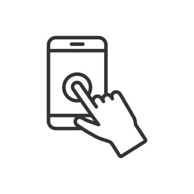 Telefona dokunun, satır dizaynında ikon. Tap, telefon, dokunuş, ekran, cep telefonu, etkileşim, beyaz arka plan vektöründeki akıllı telefon. Düzenlenebilir vuruş simgesine dokunun