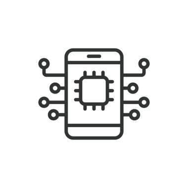 Telefon işlemci çipi, satır tasarımı simgesi. Telefon, işlemci, çip, akıllı telefon, teknoloji, mikroçip, beyaz arka plan vektöründeki devre. Telefon işlemcisi çipi düzenlenebilir vuruş simgesi
