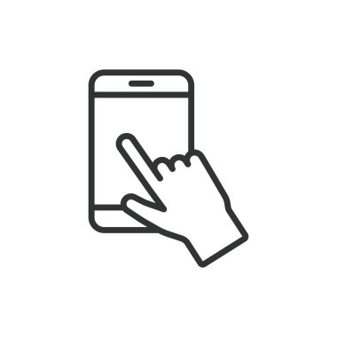 El telefonu etkileşimi, satır tasarımı simgesi. El, telefon, etkileşim, dokunuş, akıllı telefon, hareket, cep telefonu beyaz arka plan vektörü. El telefonu etkileşimi düzenlenebilir vuruş simgesi