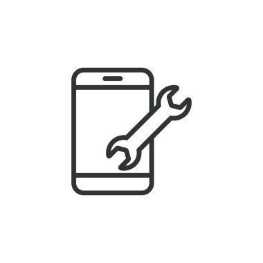 Telefon tamiri, çizgi tasarımı ikonu. Telefon, tamir, akıllı telefon, tamir, ekran, teknisyen, cep telefonu, beyaz arka plan vektörü. Telefon tamir edilebilir vuruş simgesi