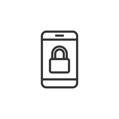 Cep telefonu, satır tasarımı simgesi. Kilit, telefon, güvenlik, akıllı telefon, cep telefonu, telefon koruması, beyaz arka plan vektörünün kilidini aç. Telefon değiştirilebilir vuruş simgesini kilitle