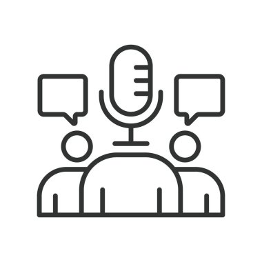 Podcast 'te üç kişi, tasarım ikonu. Podcast, insanlar, ses tartışması, mikrofon, grup sohbeti, beyaz arka plan vektörü üzerine kayıt. Podcast üç kişi düzenlenebilir vuruş simgesi