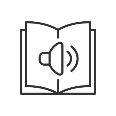 Audiobook, audiobook simgesi, kitap, okuma, sesli hikaye, dinleme kitabı, beyaz arkaplan vektörü üzerine kitap sembolü. Audiobook, kitap, okuma ve ses düzenlenebilir vuruş simgesi