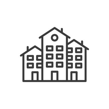 Evler, dizayn edilmiş bir ikon. Evler, evler, evler, komşular, apartmanlar, villalar, yazlıklar, beyaz arka planda emlak. Evler, satır dizaynı simgesi düzenlenebilir vuruş simgesi