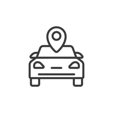 Araba konumu, çizgi tasarımı ikonu. Araba, konum, harita, navigasyon, GPS, pim, araç beyaz arka plan vektöründe. Araba konumu, satır tasarımı düzenlenebilir vuruş simgesi