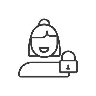 Kullanıcı Kadınını Kilitle, satır dizaynında simge. Kilit, kullanıcı, kadın, güvenlik, koruma, şifre, beyaz arka plan vektöründe gizlilik. Kullanıcı Kadınını Kilitle, satır tasarımı düzenlenebilir vuruş simgesinde simge