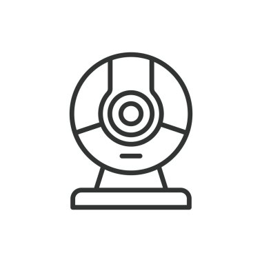Web kamerası, çizgi tasarımı ikonu. Web kamerası, webcam, video çağrı, yayın, kamera ikonu, online toplantı, beyaz arkaplan vektörü üzerinde canlı yayın. Web kamerası, satır tasarımı düzenlenebilir vuruş simgesi