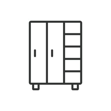 Gardırop, tasarım ikonu. Gardırop, dolap, giysi dolabı, elbise dolabı, mobilya, askı, beyaz arka plandaki sürgülü kapı. Kostüm değiştirilebilir vuruş simgesi