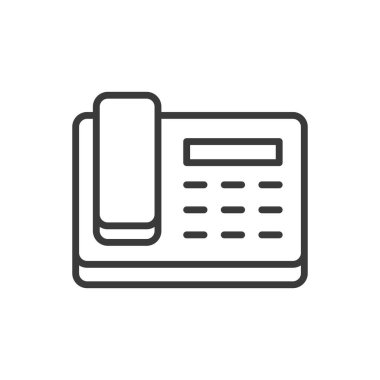 Eski düğmeli telefon, satır dizaynı simgesi. Eski, düğmeli, telefon, eski, eski, iletişim, beyaz arka plan vektörü klasiği. Eski tuşlu düzenlenebilir telefon vuruşu simgesi