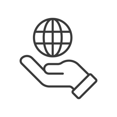 Bir elinde dünya, dizaynında bir simge. Dünya, el, dünya, toprak, destek, bakım, beyaz arka plan vektöründe sorumluluk. Elle düzenlenebilir bir vuruş simgesinde dünya