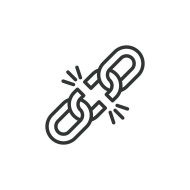 Kırık zincir, çizgi tasarımı ikonu. Kırık, zincir, kopuk, bağlantı, parça, hasar, beyaz arka plan vektöründe onarım. Kırık zincir değiştirilebilir vuruş simgesi