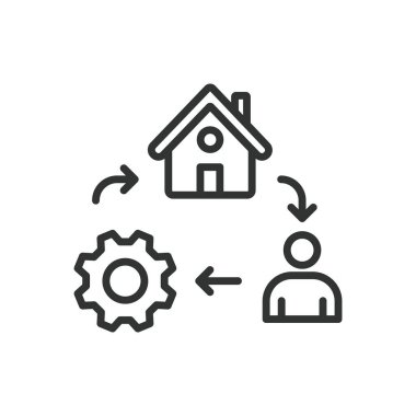Akıllı ev endüstrisi, çizgi tasarımı ikonu. Akıllı ev, otomasyon, teknoloji, IoT, bağlı cihazlar, güvenlik, beyaz arka plan vektöründe akıllı ışıklandırma. Akıllı ev endüstrisi değiştirilebilir vuruş simgesi