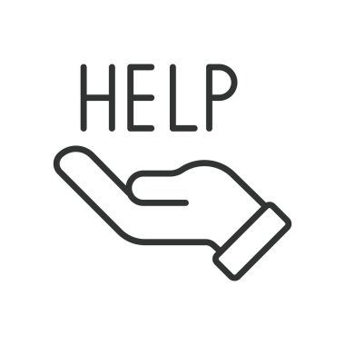 Help on a hand, icon in line design. Help on a hand, assistance, support, care, helping hand, charity, aid on white background vector. Help on a hand editable stroke icon clipart