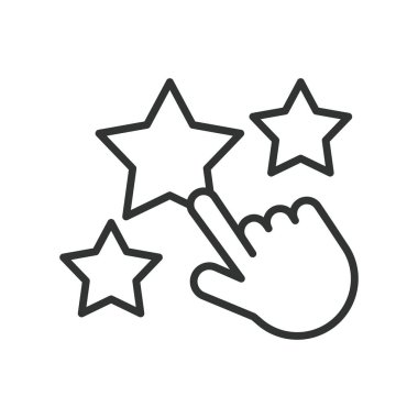 Parmaklar yıldızlarda, simge dizaynında. Yıldızlarda, yıldızlarda, parmaklarda, reytinglerde, başarıda, başarıda, beyaz arka plan vektöründe tanınmada. Yıldızların üzerinde parmak, düzenlenebilir vuruş simgesi