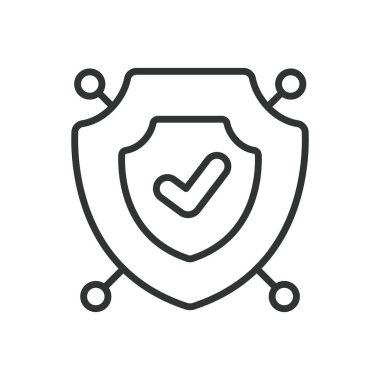 Siber kalkan, çizgi tasarımı ikonu. Siber kalkan, siber güvenlik, ikon, veri koruması, dijital güvenlik, beyaz arka plan vektöründe güvenlik kalkanı. Siber kalkan düzenlenebilir vuruş simgesi