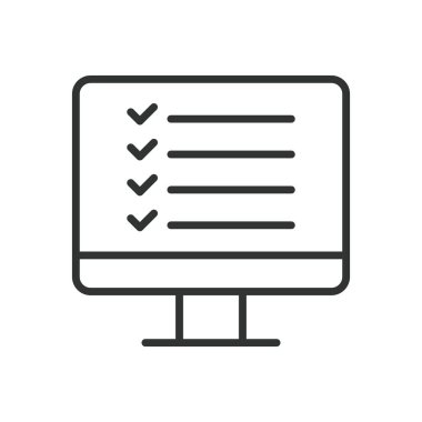 İş görevleri, satır tasarımı ikonu. Çalışma görevleri, ofis işleri, görev yönetimi, verimlilik görevi, iş planlayıcısı, günlük görevler, beyaz arka plan vektörü görev organizasyonu. Çalışma görevleri düzenlenebilir vuruş simgesi