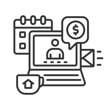 Laptop, video çağrısı, kahve fincanı ve esnek program gibi elementlerle uzaktan çalışmayı temsil eden vektör simgesi. Merkez ofis, telekomünikasyon ve çevrimiçi verimlilik ile ilgili projeler için ideal