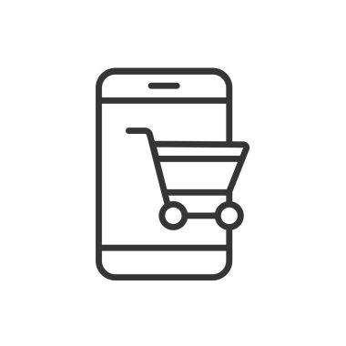 E-ticaret, çizgi tasarımı ikonu. E-ticaret, online alışveriş, alışveriş arabası, çevrimiçi mağaza, ödeme, çıkış, beyaz arka plan vektörü satın alma. E-ticaret düzenlenebilir vuruş simgesi