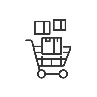 Mallar el arabasında, tasarım ikonu. Mal, el arabası, alışveriş, ürünler, tramvay, perakende, beyaz arka plan vektörü ticareti. Bir el arabası düzenlenebilir vuruş simgesinde eşyalar