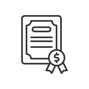 Bağlar, çizgi tasarımı ikonu. Tahviller, yatırımlar, sabit gelir, finans, faiz, menkul kıymetler, beyaz fon vektörü üzerine finansal planlama. Yapılandırılabilir vuruş simgesi