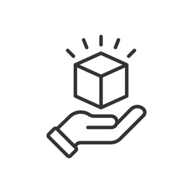 Satır tasarımında ürün simgesi. Ürünler, ürünler, ürünler, ürün tasarımı, tüketici ürünleri, perakende ürünler, beyaz arka plan vektöründe ürün geliştirme. Ürün düzenlenebilir vuruş simgesi