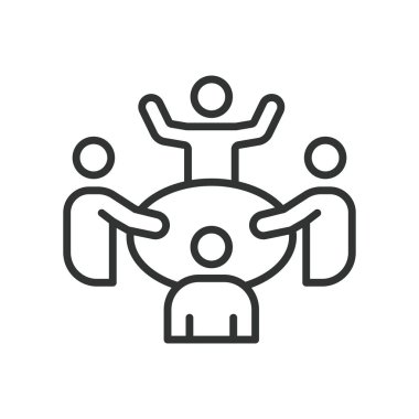 Buluşma, tasarım ikonu. Toplantılar, tartışma, işbirliği, iş toplantısı, konferans, takım çalışması, grup toplantısı. Düzenlenebilir vuruş simgesi karşılanıyor