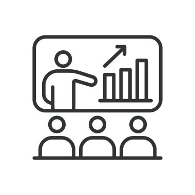 Sunum, satır tasarımı ikonu. Sunumlar, iş dünyası, konuşma, sunum kurulu, kurumsal sunumlar, beyaz arkaplan vektörü üzerine görsel sunum. Sunum düzenlenebilir vuruş simgesi