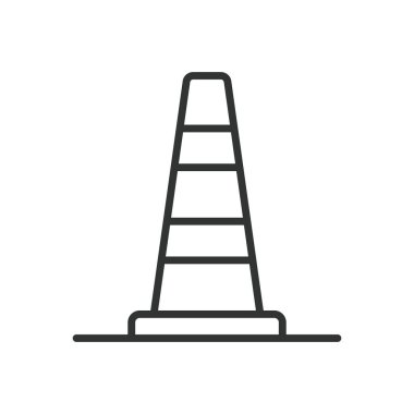 Koni, çizgi dizaynı simgesi. Koni, trafik konisi, inşaat konisi, yol güvenliği, uyarı işareti, tehlike işareti, beyaz arka plan konisi. Koni oluşturulabilir vuruş simgesi