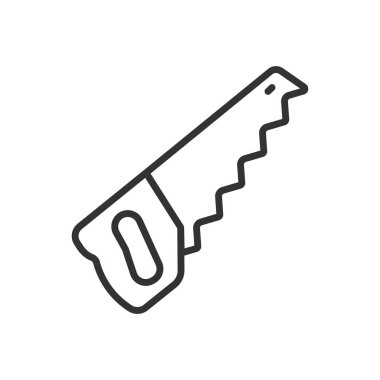 El Testere, tasarım ikonu. El testeresi, testere, kesme aleti, tahta kesme, marangozluk, el aleti, arka plandaki beyaz testereyi. El Testere, düzenlenebilir vuruş simgesi