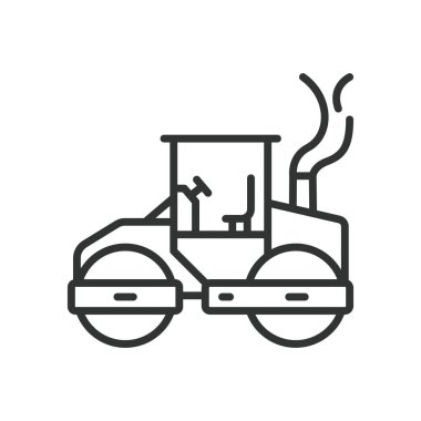 Buharlı silindir, tasarım simgesi. Steamroller, inşaat aracı, yol silindiri, makineler, sıkıştırma, inşaat ekipmanları, beyaz arka plan vektörü. Steamroller düzenlenebilir vuruş simgesi