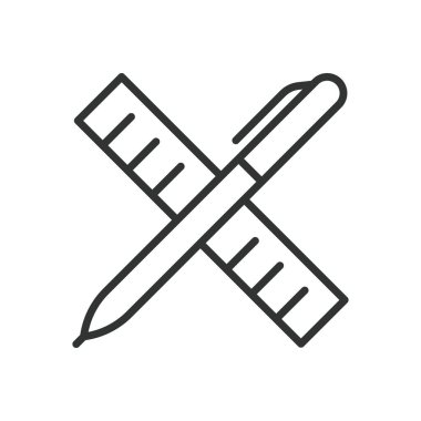 Kalem ve cetvel, satır dizaynında simge. Kalem, cetvel, çizim, ölçüm, tasarım aracı, beyaz arkaplan vektöründe geometri. Kalem ve cetvel değiştirilebilir vuruş simgesi