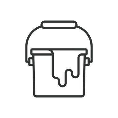 Boya kovası, tasarım ikonu. Boya kovası, boya, boya, konteynır, sıvı, dökme, beyaz arka plan vektörüne damlat. Boya kovası düzenlenebilir vuruş simgesi