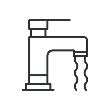Su musluğu, çizgi tasarımı ikonu. Su musluğu, musluk, tesisat, lavabo, temiz su, damlayan musluk, beyaz arka plandaki su kaynağı. Su musluğu düzenlenebilir vuruş simgesi
