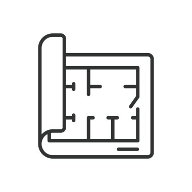 Mimarlık Projesi, satır tasarımı simgesi. Mimari, proje, plan, tasarım, inşaat, planlama, beyaz arka plan vektörü üzerine inşa. Mimari Proje düzenlenebilir vuruş simgesi