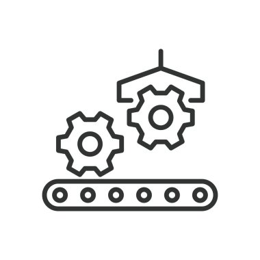 Üretim, çizgi tasarımı ikonu. Üretim, üretim, fabrika, montaj, sanayi, otomasyon, beyaz arkaplan vektörü üzerindeki makineler, düzenlenebilir vuruş simgesi üretimi