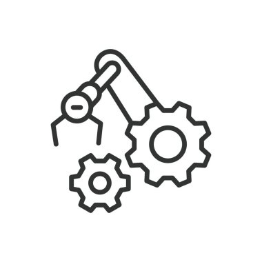 Robot Sistemler, çizgi tasarımı ikonu. Robot Sistemler, robotlar, otomasyon, yapay zeka, endüstriyel robotlar, beyaz arka plan vektöründe robot kolu. Robotik Sistemler, düzenlenebilir vuruş simgesi