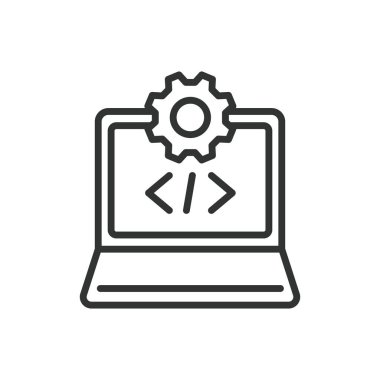 Yazılım Geliştirme, satır tasarımı simgesi. Yazılım, geliştirme, kodlama, programlama, uygulama, teknoloji, beyaz arka plan vektörü. Yazılım Geliştirme Düzenlenebilir Vuruş simgesi