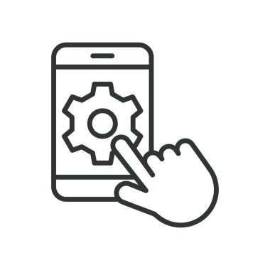 Mobil Uygulama, satır tasarımı simgesi. Uygulama geliştirme, mobil uygulama, akıllı telefon, kullanıcı arayüzü, mobil yazılım, Android beyaz arkaplan vektörü. Mobil Uygulama düzenlenebilir vuruş simgesi